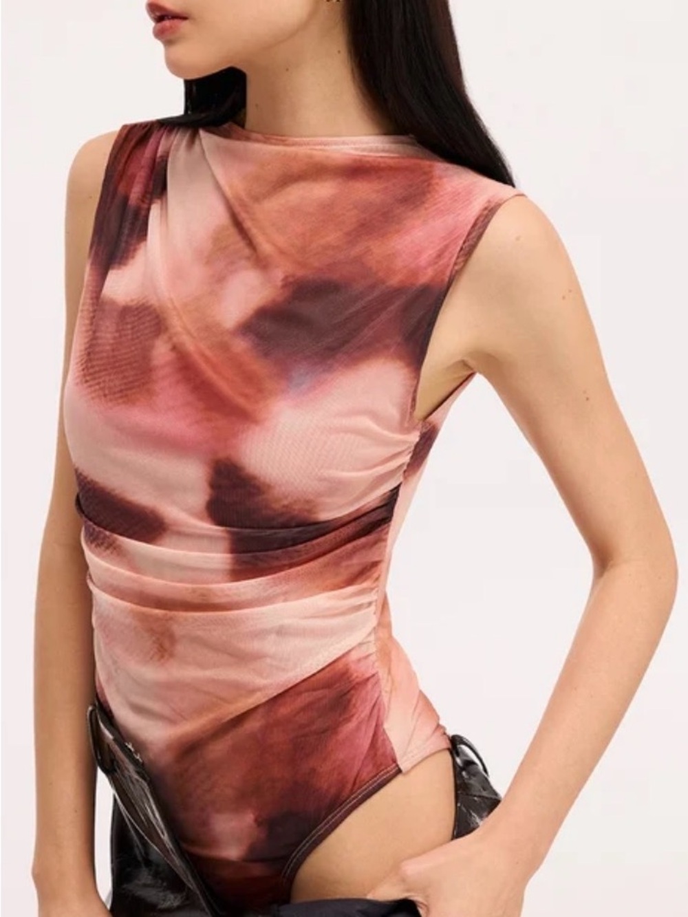 Commense Pink and Brown Watercolor Sleeveless Bodysuit
